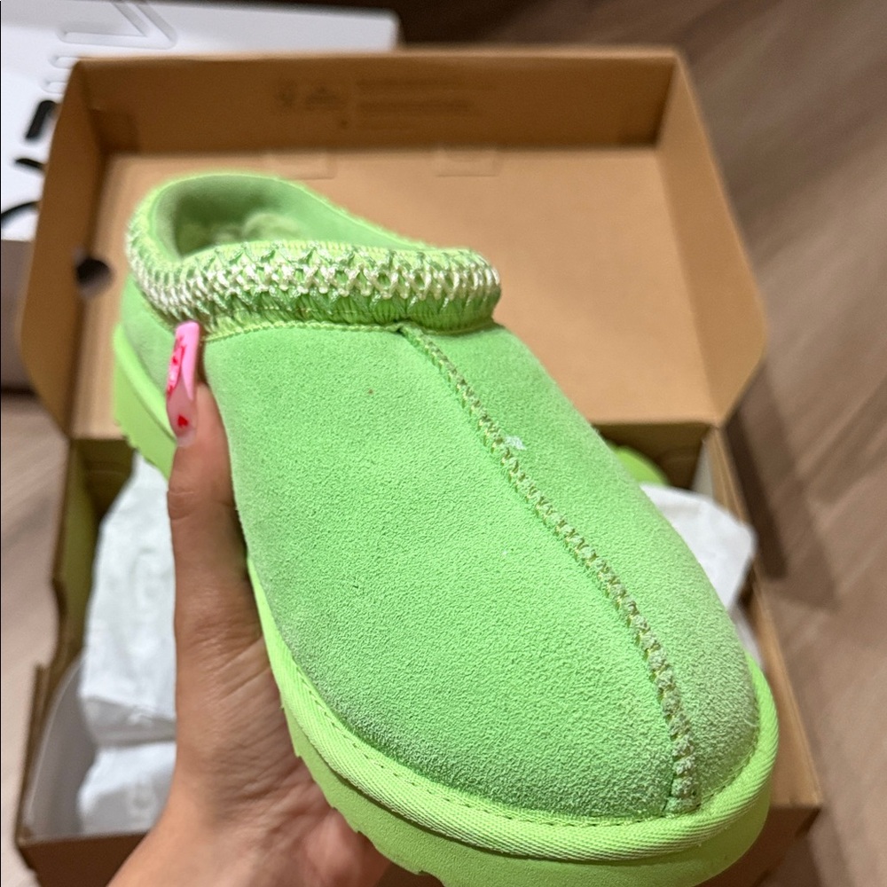 UGG Neon Green Suede Cozy Slip-On Slippers - Picture 2 of 3